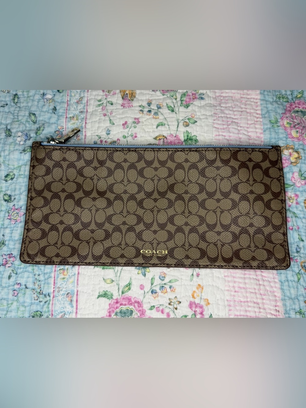 Coach Signature Monogram Slim Zip Pouch Insert Brown Leather Light Blue Lining